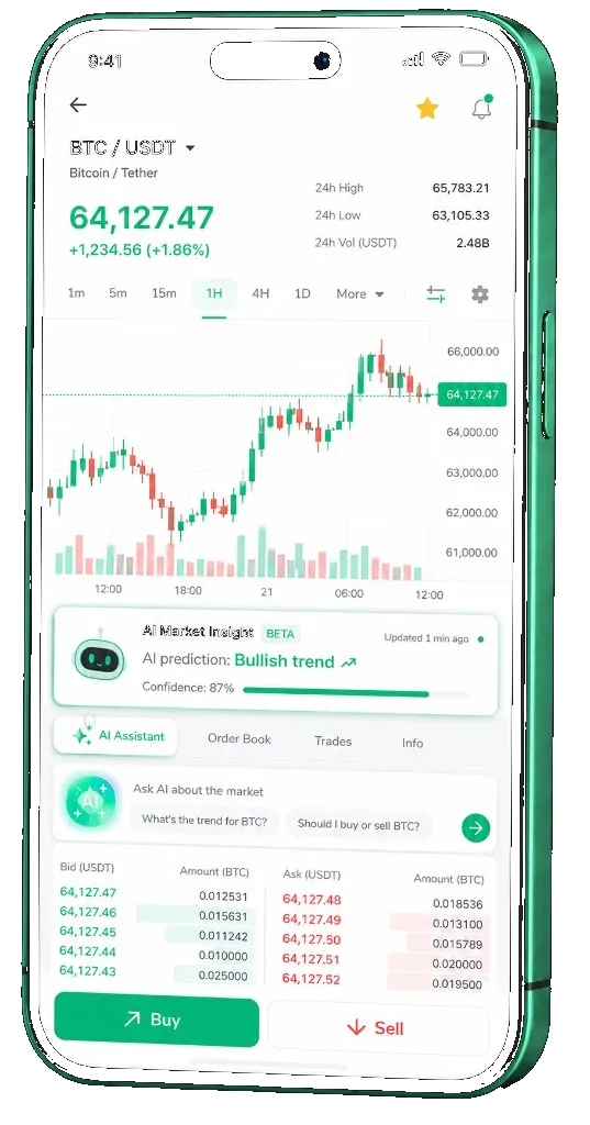 Fathom Coursewick trading platform on mobile — live BTC/USDT chart, order book, and buy/sell interface